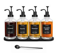 Coffee Syrup Dispenser for Coffee Bar, 16.9oz 500ml Glass Syrup Dispenser w Black Coffee Scoop, Coffee Syrup Pump Dispenser w 36 Labels and Bamboo Tray, Coffee Syrup Bottles with Black Pump, 4PCS