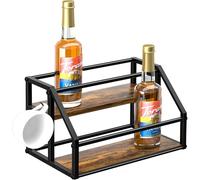 Coffee Syrup Rack Organizer, Syrup Bottle Holder Stand for Coffee Bar, 2-Tier 8 Bottles Storage Shelves for Syrup, Wine, Dressing for Kitchen Countertop, Rustic Brown & Black