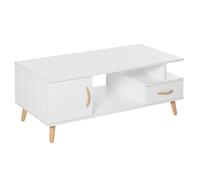 Coffee Table 100x50x40cm White Particleboard with Shelf, Drawer & Wood Accents.