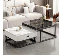 Coffee Table, 2-in-1 Square Nesting Tables with Storage Drawer, Multi-functional Side Table, Marble and Tempered Glass Top for Living Room, Bedroom, Apartment