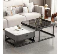 Coffee Table, 2-in-1 Square Nesting Tables with Storage Drawer, Multi-functional Side Table, Marble and Tempered Glass Top for Living Room, Bedroom, Apartment
