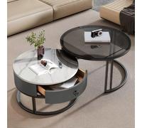 Coffee Table, 2-in-1 Square Nesting Tables with Storage Drawer, Multi-functional Side Table, Marble and Tempered Glass Top for Living Room, Bedroom, Apartment