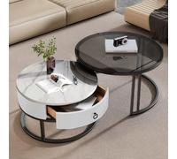 Coffee Table, 2-in-1 Square Nesting Tables with Storage Drawer, Multi-functional Side Table, Marble and Tempered Glass Top for Living Room, Bedroom, Apartment
