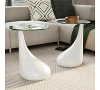 Coffee Table 2 pcs with Round Glass Top High Gloss White