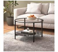 Coffee Table Black & Clear 70cm Round Tempered Glass 2-Tier Powder-Coated Iron.