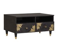 Coffee Table Black Mango Wood 80x54x40cm Hand-Painted Door Brass Knobs 2-Drawers