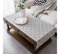 Coffee Table Cover with Pockets and Pompom Tassel Cotton Linen Coffee Table Cloth for Living Room Anti-Wrinkle Washer Dryer Fridge Top Dust Cover(Blue and White,24"x63")