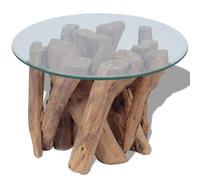 Coffee Table Dark Brown 60cm Tempered Glass Top Solid Teak Driftwood Base Rustic