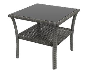 Coffee Table Grey 50x50x45cm PE Rattan Galvanised Steel Glass Top Two-Tier Shelf
