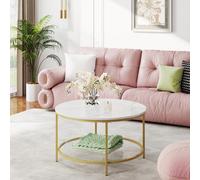 Coffee Table, Living Room Table, Sofa Cocktail Table Faux Marble Round, Tempered Glass Storage Shelf, Easy to Assemble, Modern Style, for Living Room