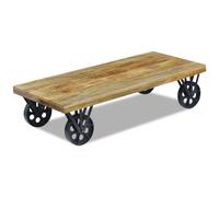Coffee Table, Mango Wood & Steel Wheels, 120x60x30 cm, Natural, Industrial wood