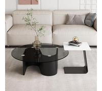 Coffee Table Modern Contemporary Round Glass Nesting Set Of 2 Tempered Glass Cocktail Side Black Minimalist Center For Small Apartments 31.5" L + 16" L