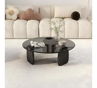 Coffee Table Modern Shark Inspired Round Glass Sofa Side Black Minimalist Center Circle Accent For Living Room-31.5" Lx31.5 Wx13 H