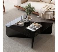 Coffee Table Modern Tempered Glass Top with Wooden Curved Base,Square Living Room Table with Rounded Corners,Low Profile 35Cm Centre Table for Sofa,Bedroom,Office and Apartment B,90CM