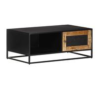 Coffee Table Natural Rough Mango Wood & Black Iron 90x50x35cm Hand-Carved Shelf
