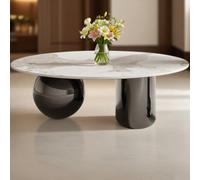 Coffee Table, Round Marble Abstract Center Table with Metal Base, Faux Marble Top for Living Room Furniture