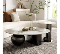 Coffee Table, Round Marble Abstract Center Table with Metal Base, Faux Marble Top for Living Room Furniture