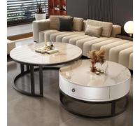 Coffee Table Round Nesting with Storage Drawer Set of 2, Cocktail Table with Faux Marble Top for Living Room Small Space 27" Black/White-White