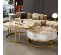 Coffee Table Round Nesting with Storage Drawer Set of 2, Cocktail Table with Faux Marble Top for Living Room Small Space 27" Gold/White-