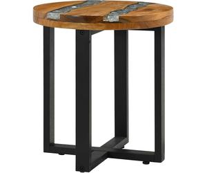 Coffee Table Round Side Solid Teak & Polyresin Tabletop Metal Legs Living Room