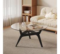 Coffee Table Round with Clear Tempered Glass Top and Wooden Curved Three Leg Base,Modern Nordic Centre Table for Living Room Sofa,Stylish Side Table for Bedroom Apartment B