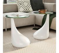Coffee Table Set of 2 High-Gloss White Fiberglass Base 42cm Dia x 55cm Glass Top
