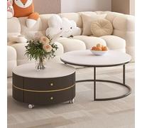 Coffee Table Set of 2 - Round Side and Center Tables with Pulleys for Living Room, Ideal for Tea and End Table Use