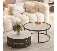 Coffee Table Set of 2 - Round Side and Center Tables with Pulleys for Living Room, Ideal for Tea and End Table Use