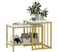 Coffee Table Set White MDF & Gold Tone Steel, Large 52x45x40cm, Nesting Stylish