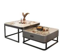 Coffee Table Set with Storage & Drawer, Tempered Glass Top & Metal Frame for Living Room