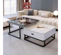 Coffee Table Set with Storage, Nest of Tables with Tempered Glass and Marble Board Top, Stacking End Side Table with Metal Frame for Living Room, Bedroom, Office, Balcony, Apartment,Square White