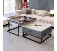 Coffee Table Set with Storage, Nest of Tables with Tempered Glass and Marble Board Top, Stacking End Side Table with Metal Frame for Living Room, Bedroom, Office, Balcony, Apartment,Square Grey