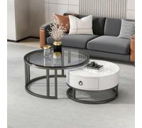 Coffee Table Set with Storage, Nest of Tables with Tempered Glass and Marble Board Top, Stacking End Side Table with Metal Frame for Living Room, Bedroom, Office, Balcony, Apartment,Round White