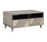 Coffee Table Solid Mango Wood Grey 80x54x40cm 2 Drawers Hand-Painted Front Brass