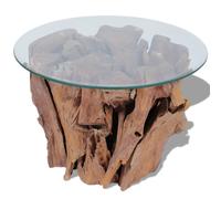 Coffee Table Solid Teak Driftwood Base Brown 60cm Tempered Glass Top Handmade XL