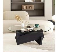 Coffee Table, Thickened Glass Top, Mid-Century Modern Design, Abstract End Table with Wood Base for Living Room
