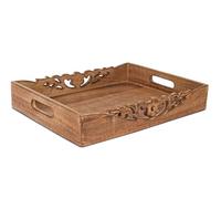 Coffee Table Tray (Medium Burnt) - “Orchid” Wood Serving Tray w/Handles for Breakfast in Bed - Mango Wood Decorative Tray w/Felt Pads - Medium Size Tray - 16” x 12” x 2.5”