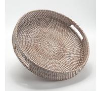 Coffee Table Tray Round Rattan Ottoman Tray Woven Serving Trays with Handles for Home and Kitchen Decorative White (Large 14 inch x 2.8 inch)