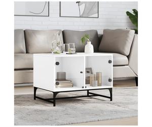 Coffee Table White 68.5x50x50cm Engineered Wood Glass Steel Storage w/ Doors UK