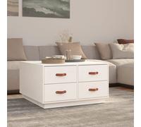 Coffee Table White Solid Pinewood 80x80x45 cm 4 Drawer Faux Leather Top Compact