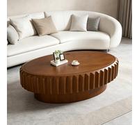 Coffee Table with Hidden Storage, Fluted Oval Design, Wooden Drum Style, Functional Living Room Accent, Stylish Brown Finish, Perfect for Home Décor