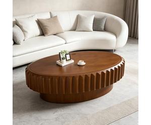 Coffee Table with Hidden Storage, Fluted Oval Design, Wooden Drum Style, Functional Living Room Accent, Stylish Brown Finish, Perfect for Home Décor