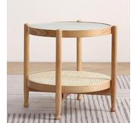 Coffee Table with Rattan Storage Shelf, 2-Tier Mid Century Modern Glass Top Table for Living Room and Bedroom