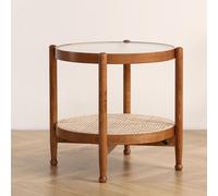 Coffee Table with Rattan Storage Shelf, 2-Tier Mid Century Modern Glass Top Table for Living Room and Bedroom