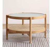 Coffee Table with Rattan Storage Shelf, 2-Tier Mid Century Modern Glass Top Table for Living Room and Bedroom