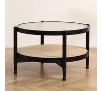 Coffee Table with Rattan Storage Shelf, 2-Tier Mid Century Modern Glass Top Table for Living Room and Bedroom