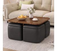 Coffee Table with Stools, Wood Tables with 4 Ottomans & Seats, Modern Table with Chairs for Living Room, Small Space, Walnut + Black