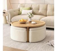 Coffee Table with Stools, Wood Tables with 4 Ottomans & Seats, Modern Table with Chairs for Living Room, Small Space, Natural Wood + White