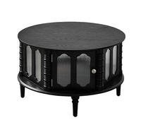 Coffee Table with Storage - Rustic Round Center Table with 360° Wraparound Glass Top and Column Base for Living Room and Office