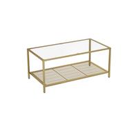 Coffee Table with Tempered Glass Top and Mesh Shelf, Gold + Transparent